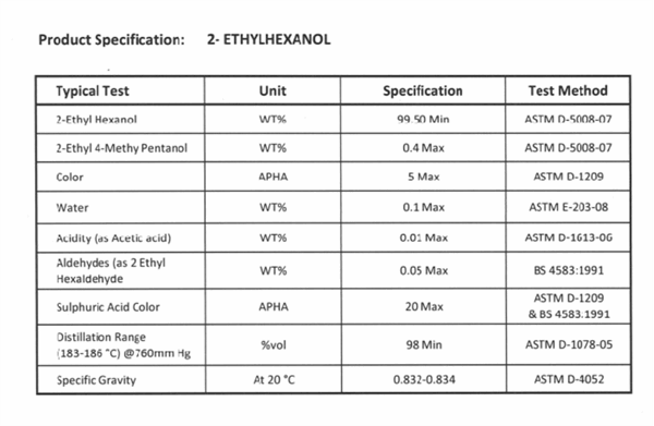 purchase of 600 tons of 2EH (2-ethyl Hexanol)